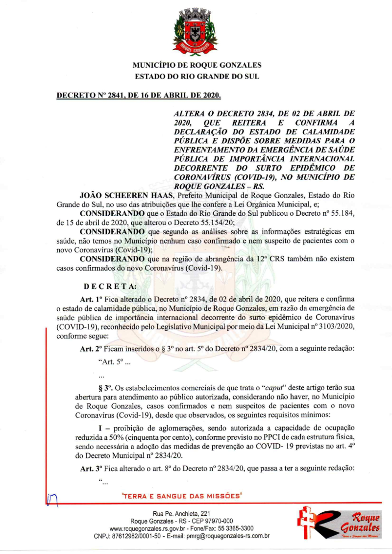 ADMINISTRAÇÃO MUNICIPAL PUBLICA DECRETO N 2.841/2020 SEGUINDO NORMA DO DECRETO DO GOVERNO DO ESTADO